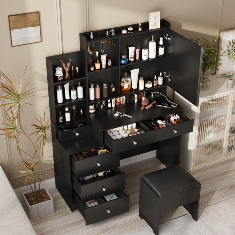 Vanity Desk Set Tiered Shelf Design, Integrated Charging Station, Modern