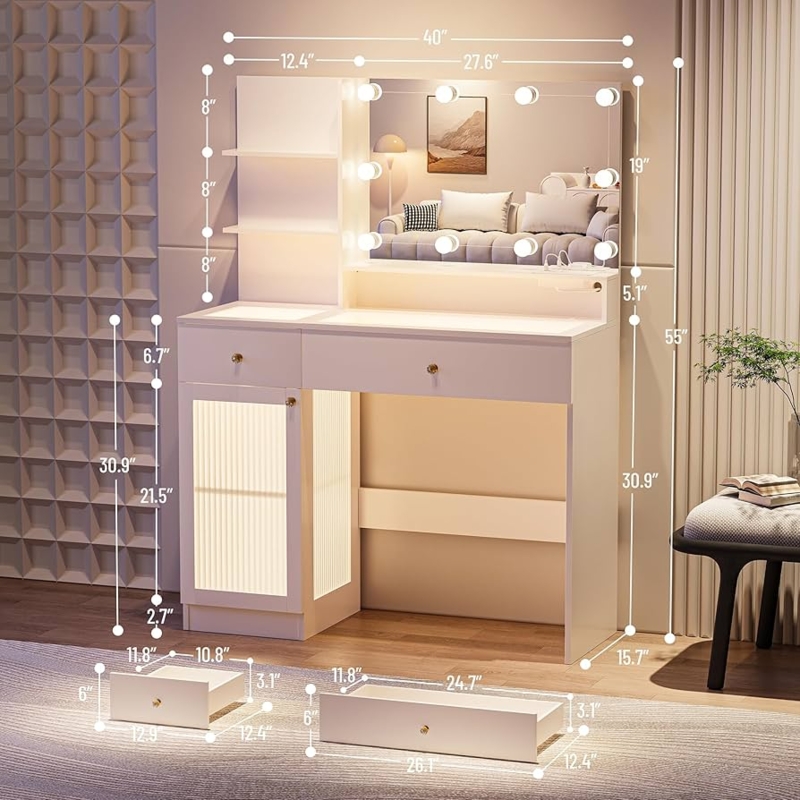 Vanity Desk with Ribbed Glass Cabinet, Open Shelves, and Integrated Outlets