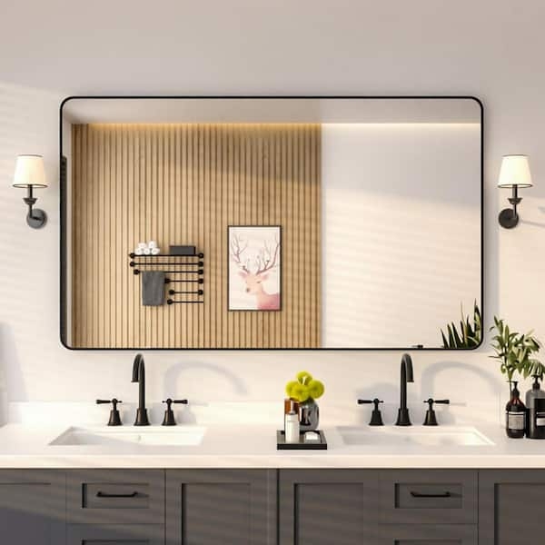Vanity Mirror Rounded Corners Thin Matte Black Frame Extra Wide