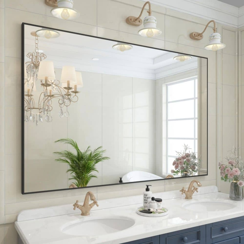 Vanity Mirror: Thin Black Frame, Large Rectangular, Matte Finish