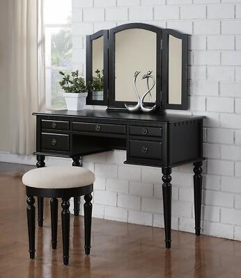 Vanity Set Arched Top Tri-Fold Mirror, Turned Spindle Legs, Five Drawers