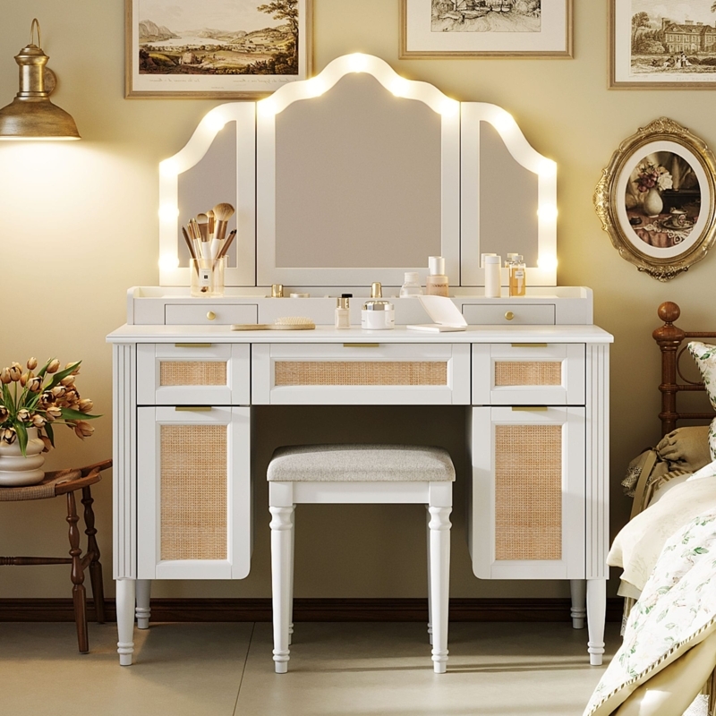 Vanity Set featuring Rattan Drawer Inserts and Tri-Fold Lighted Mirror
