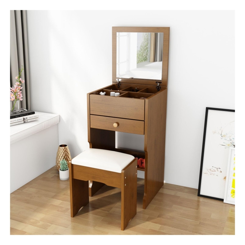 Vanity Set Flip-Up Mirror Wood Toned Hidden Compartments