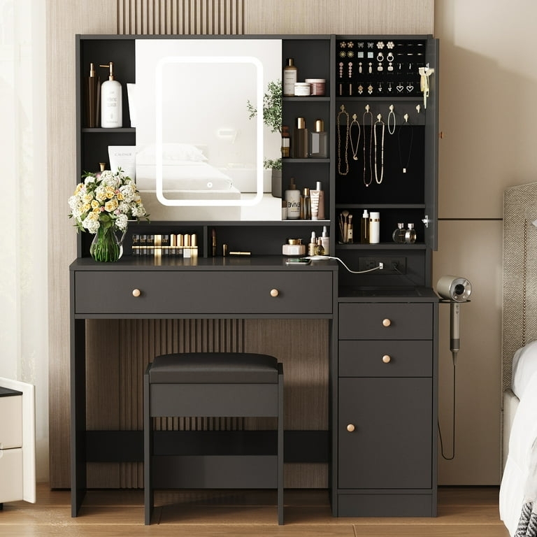 Vanity Set Hidden Jewelry Cabinet, Sliding Mirror, Charging Station