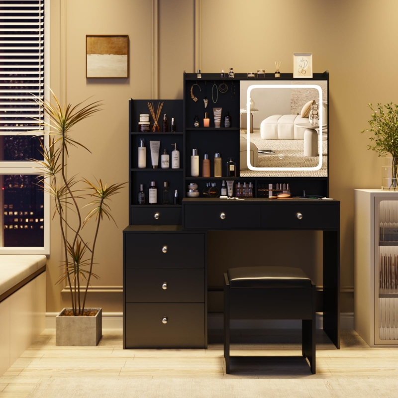 Vanity Set Integrated Side Cabinet, Square LED Mirror, Tiered Shelving