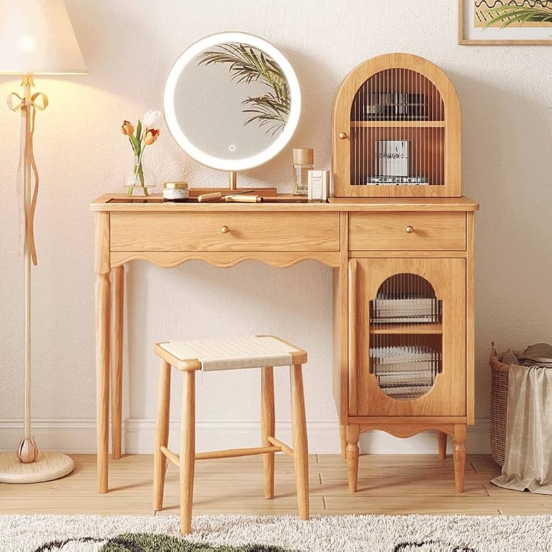 Vanity Set Japandi Style with Arched Hutch and Scalloped Apron Detail.