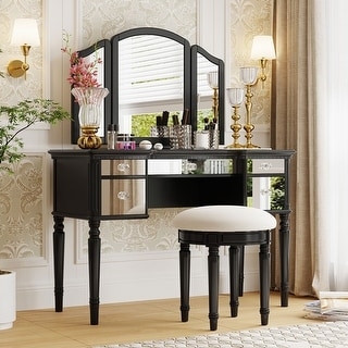 Vanity Set Ribbed Legs, Tri Fold Mirror, Mirrored Drawers, Traditional