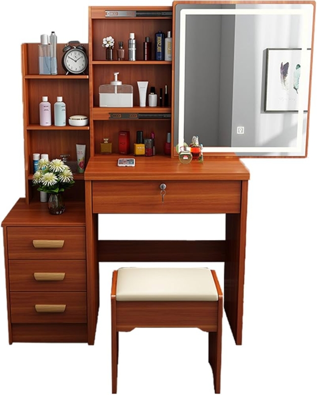 Vanity Set Sliding Lighted Mirror Wood Toned Side Chest