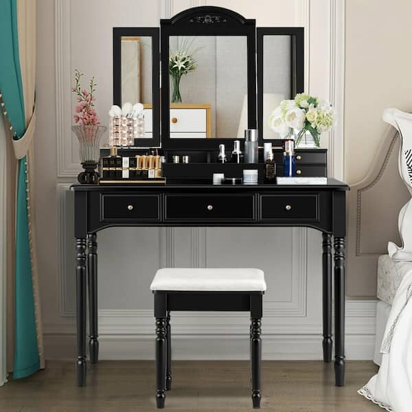 Vanity Set Tri Folding Mirror, Seven Drawers, Turned Legs, Elegant Style