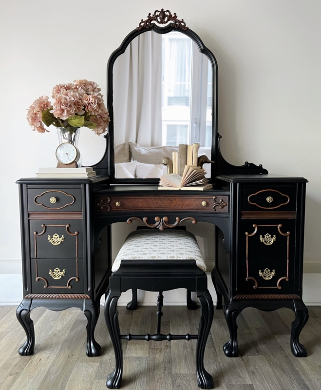 Vanity Set Two Tone Wood Detail, Arched Mirror Crest, French Provincial
