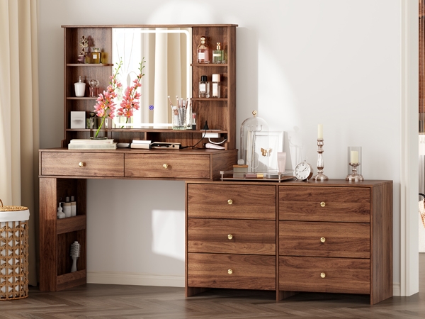 Vanity Table Attached Dresser Walnut Tone LED Mirror Power