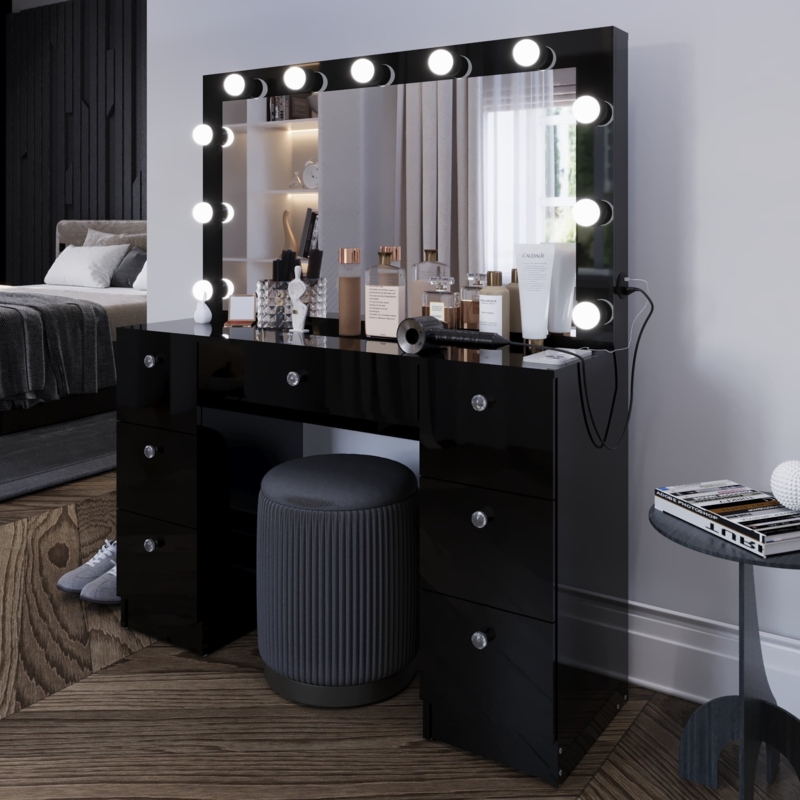 Vanity Table Glossy Black with Hollywood Lighting Bulbs and Power Outlet.