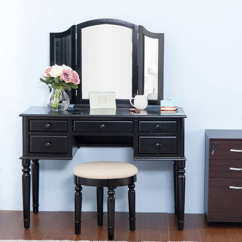 Vanity Table Set Decorative Turned Legs, Tri-Fold Mirror, Traditional