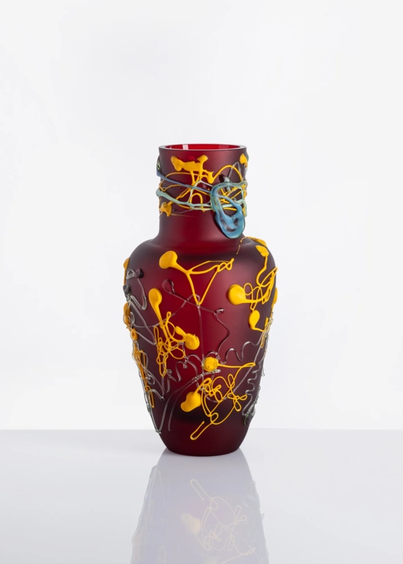 Vase Abstract Dripped Accents Matte Red Contemporary Art Glass