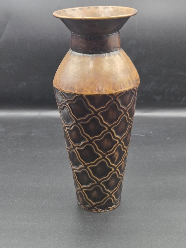 Vase Antique Bronze Embossed Quatrefoil Flared Rim Rustic Industrial