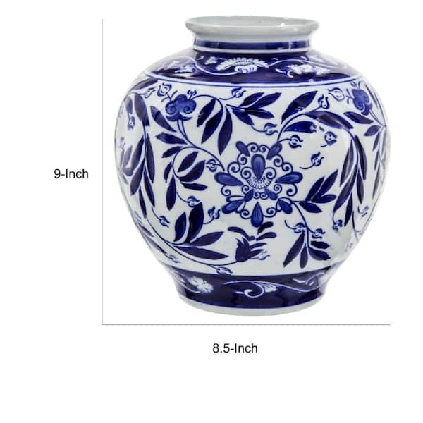 Vase Blue Persian Print Porcelain Urn Flared Rim Traditional Chinoiserie