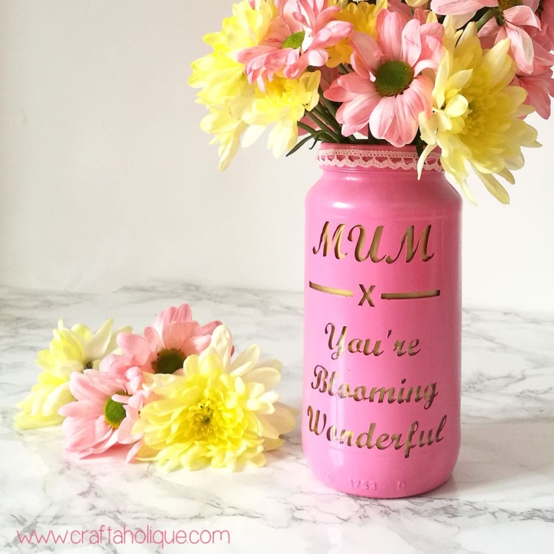 Vase Bubblegum Pink Text Cutouts Upcycled Jam Jar DIY Ideas