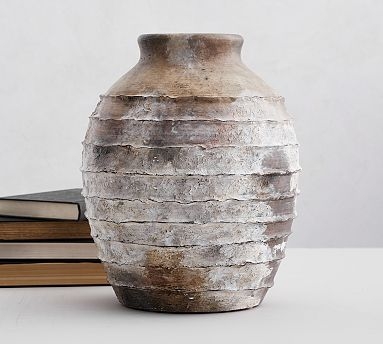 Vase Bulbous Body Horizontal Ridges Distressed Whitewash Artisan