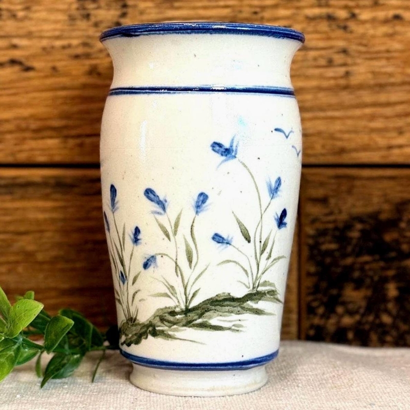 Vase Ceramic French Country Hand Painted Blue Wildflowers Bird Motifs