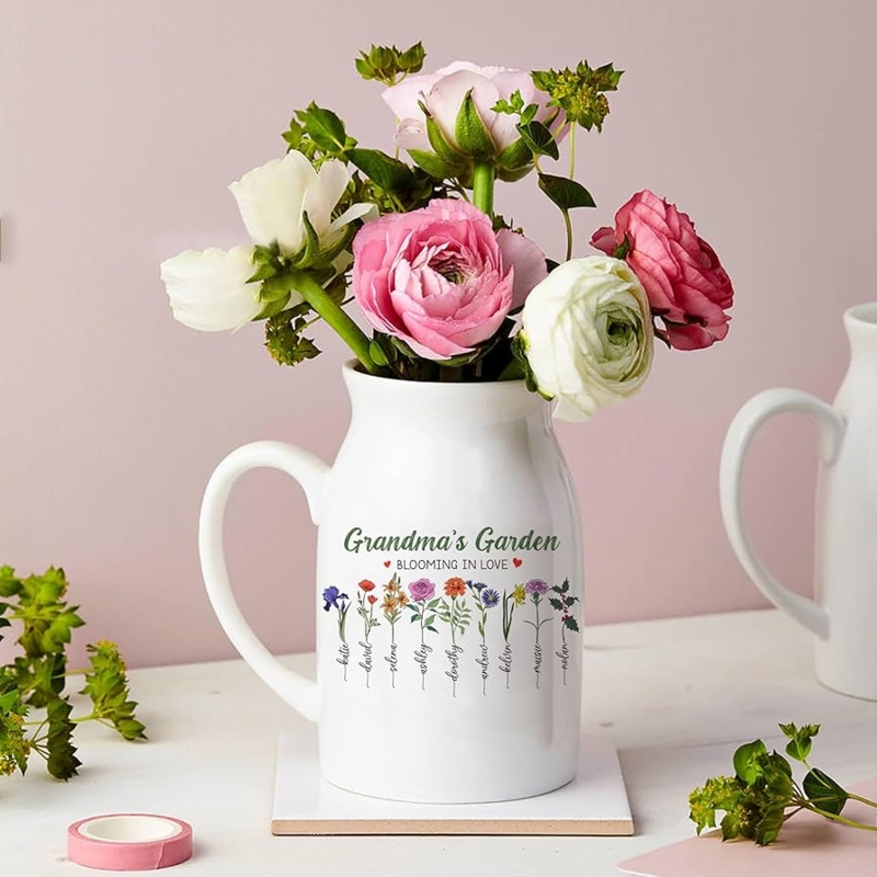 Vase Ceramic Pitcher Style Handle Personalized Birth Flower Vase