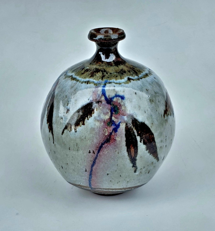Vase Cobalt Blue Accents Globular Form, Artisan Studio Pottery
