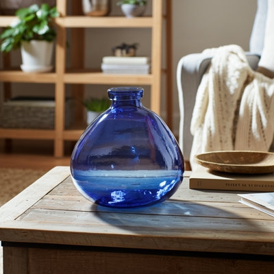 Vase Cobalt Blue Glass Translucent Bulbous Coastal Decor Centerpiece