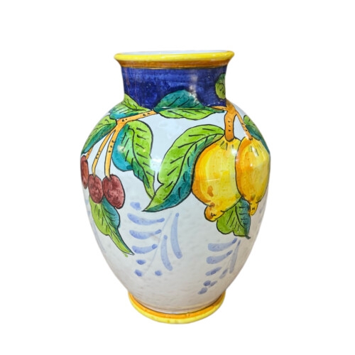 Vase Cobalt Blue Neck Majolica Style Mediterranean Lemon Fruit Vase