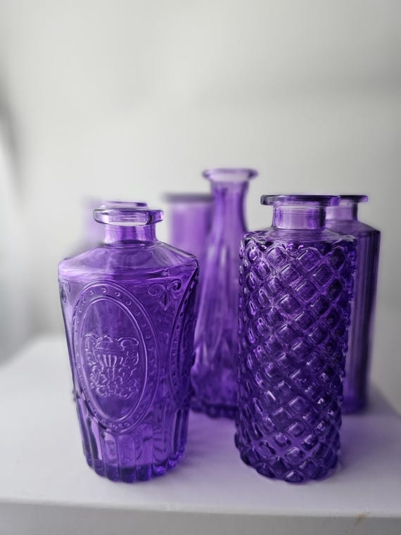 Vase Collection, Amethyst Glass Embossed Details, Bohemian Accents