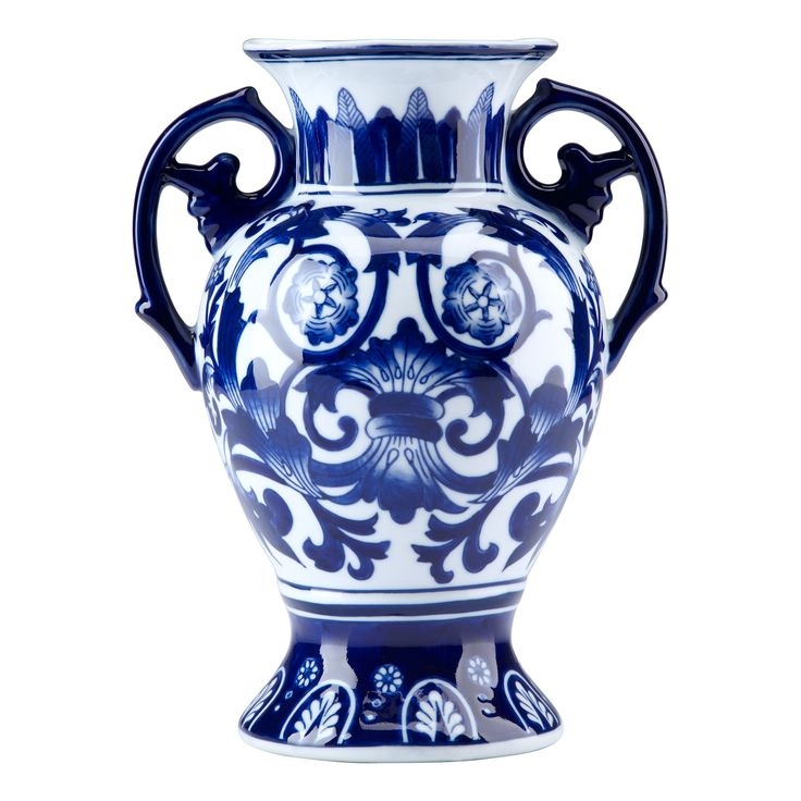 Vase Curved Handles Scroll Pattern Ceramic Urn Traditional Chinoiserie