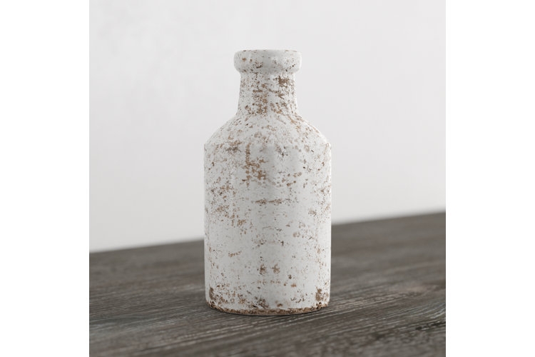 Vase: Distressed Whitewashed Bottle Silhouette with Pitted Texture