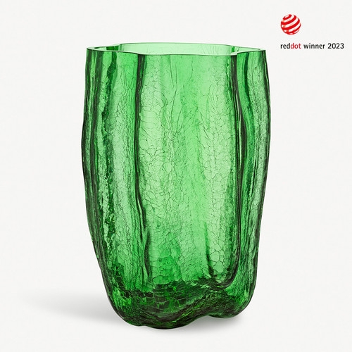 Vase: Emerald Green Glass with Organic Wavy Silhouette & Crackle