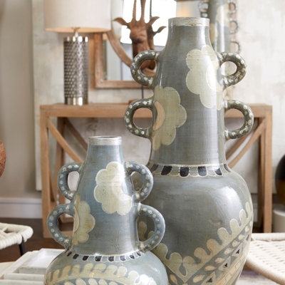 Vase Floral Patterns Loop Handles Blue Grey Artisanal Pottery