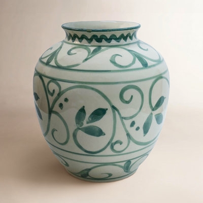 Vase French Country Ceramic Hand Painted Green Botanical Urn