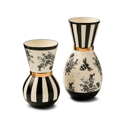 Vase: Gold Waistband, Mixed Patterns, Bee Detail, Whimsical Eclectic