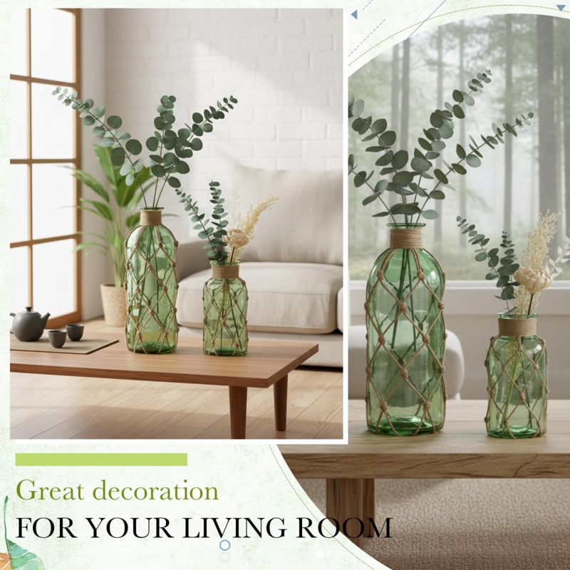 Vase Green Glass Rope Netting Translucent Coastal Aesthetic Boho