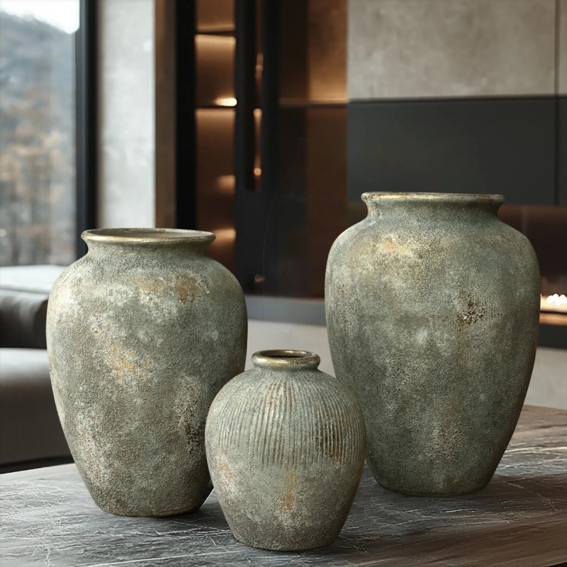 Vase Grouping Gold Distressed Accents Pitted Stone Terracotta Urns