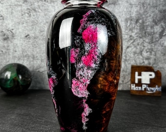 Vase High Gloss Magenta Resin Swirls Burl Wood Inlay Artistic