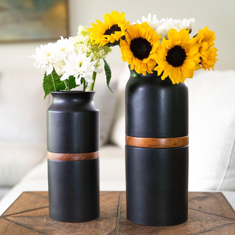 Vase Matte Black Cylindrical Wood Band Inlay Organic Urn