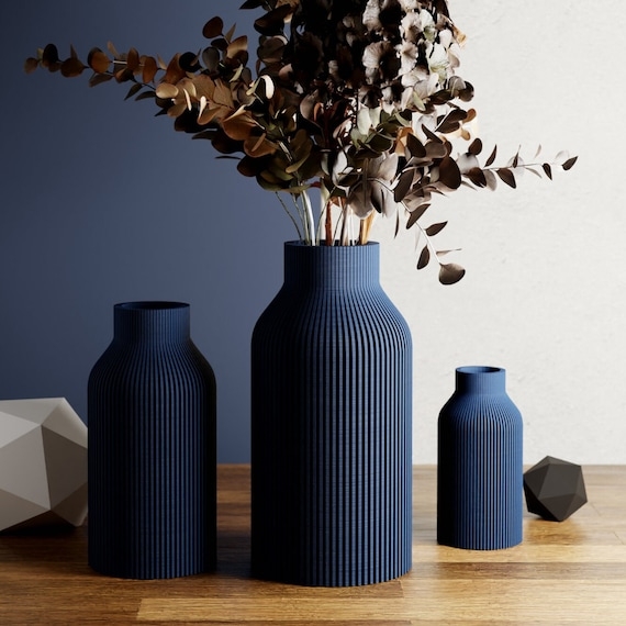 Vase Navy Blue Ribbed Texture Contemporary Bottle Shape