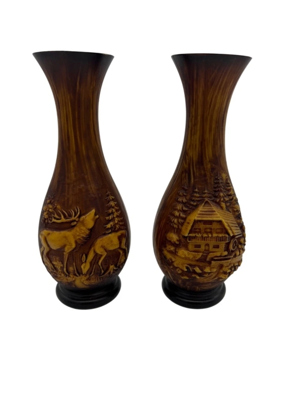 Vase Pair Elk Motif Relief Carvings Cabin Decor Woodland Accents