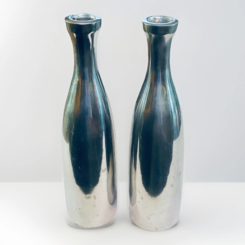 Vase Pair Minimalist Sleek Reflective Silver Bottle Shape Accent