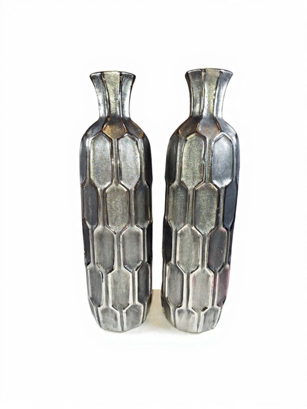 Vase Pair Tall Silver Metal Hexagonal Pattern Honeycomb Texture