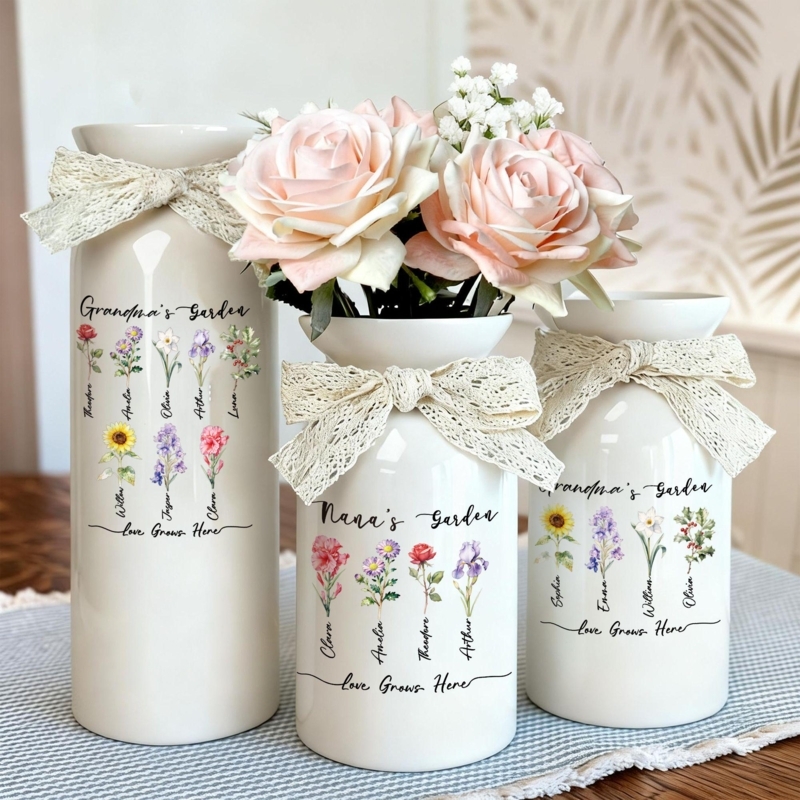 Vase Personalized Floral Illustrations Ceramic Lace Bow Accent