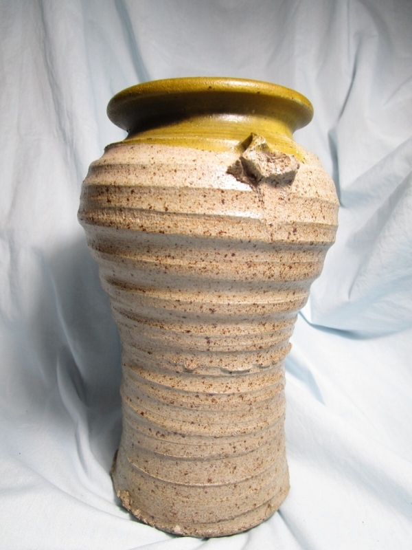Vase Ribbed Horizontal Texture Mustard Yellow Rim Speckled Clay