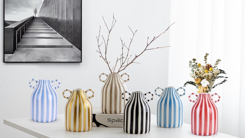 Vase: Ring Handles, Bold Vertical Stripes, Mini Scale, Eclectic Style