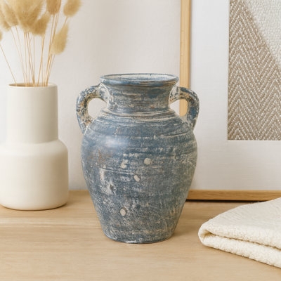 Vase Rustic Blue Ceramic Two Handles Weathered Finish