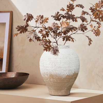 Vase: Rustic Two-Tone Whitewashed Texture Cream Tan Wide Body (65 chars)