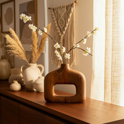 Vase Sculptural Cut-Out Design Boho Modern Wood Toned