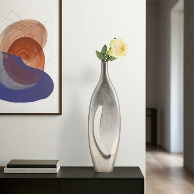 Vase Sculptural Form Brushed Silver Metal Teardrop Cutout Detail