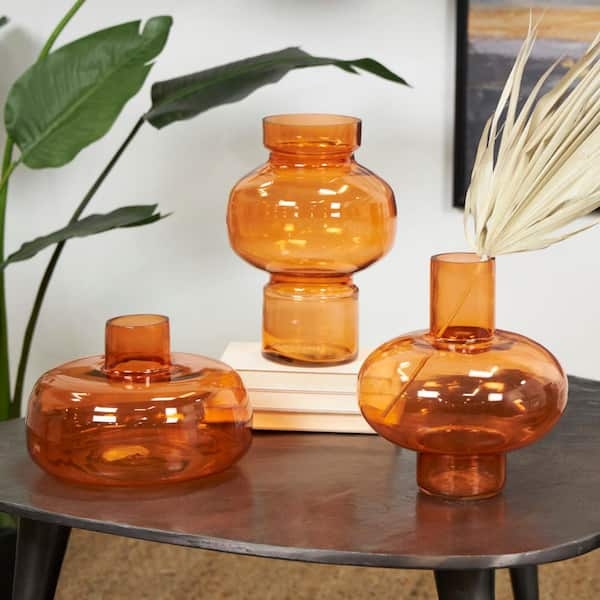 Vase Sculptural Glass Tiered Design, Translucent Amber Contemporary.